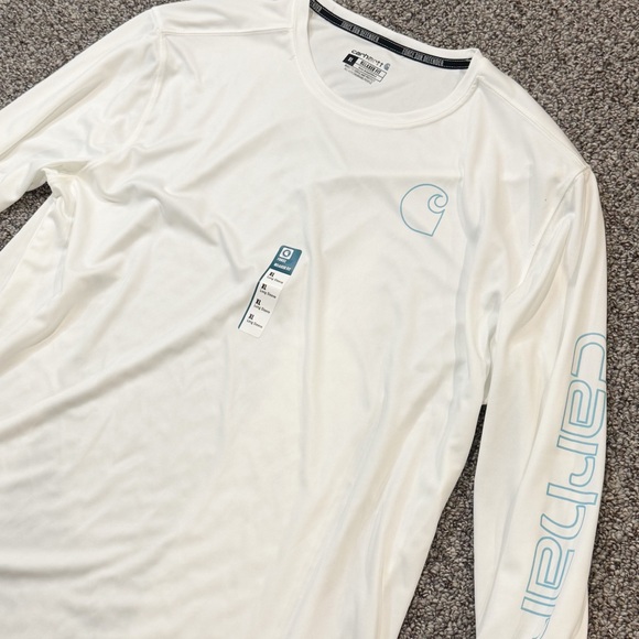 NWT Carhartt Men's Force Sun Defender White Long Sleeve Tee with Blue Logo - Picture 2 of 5